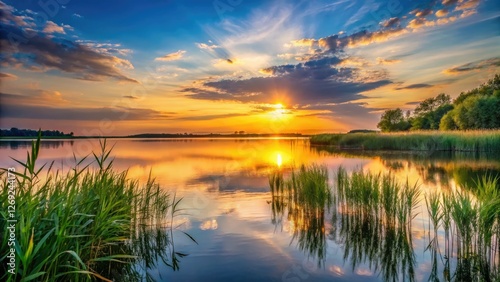Solitude by the lake: sunset's calm embrace, minimalist reeds, tranquil landscape.