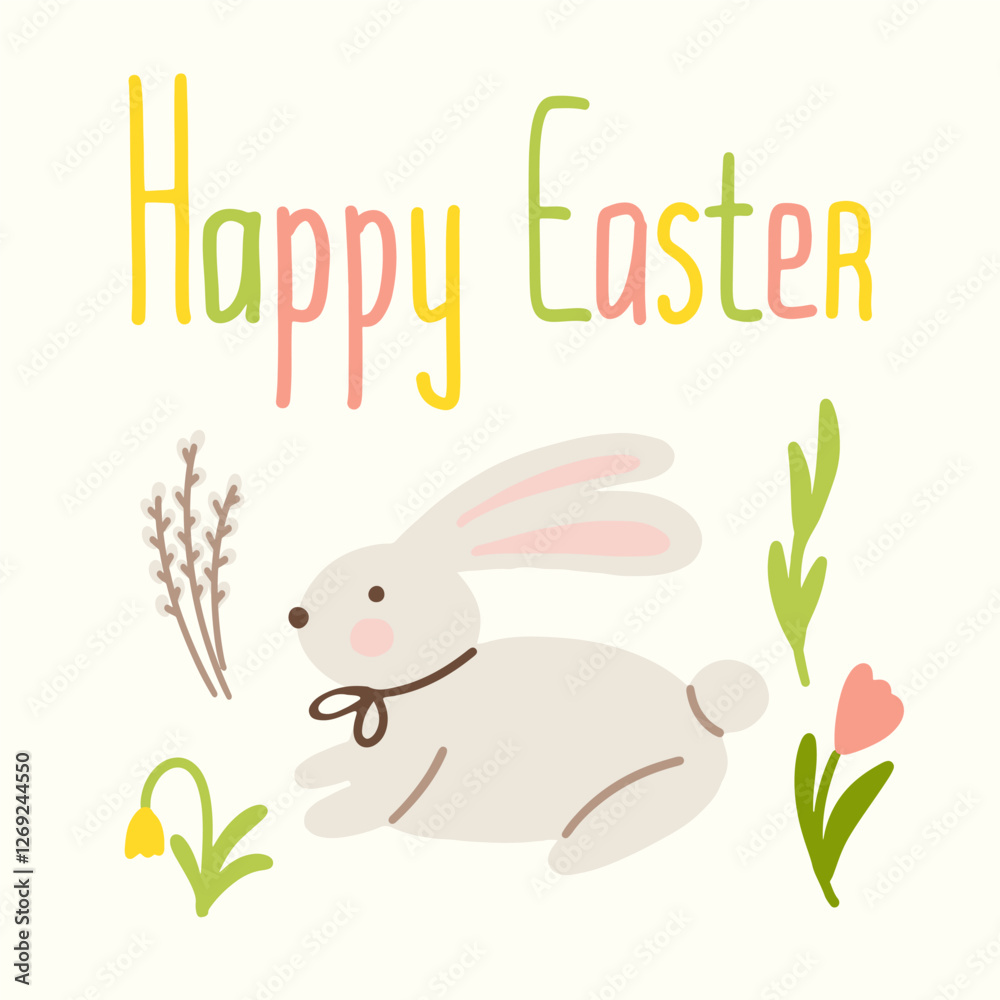 Obraz premium Happy Easter bunny with hand drawn flowers and cheerful greeting for a festive spring celebration, cute greeting card vector illustration