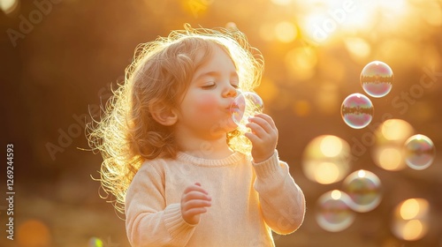 Girl blowing bubbles, peaceful mood, golden sunlight and carefree play photo