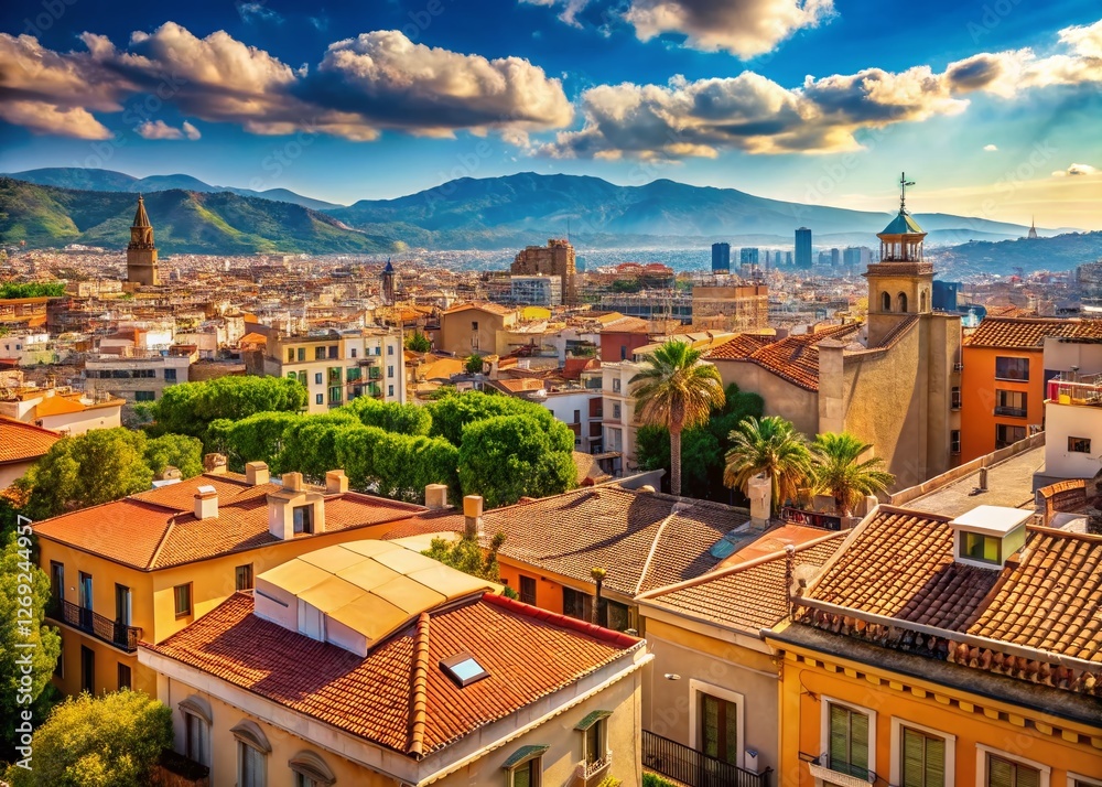 Fototapeta premium Sunny Barcelona Panoramic: Rooftop & Mountain Views, Spain