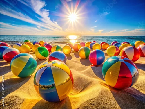 Fototapeta samoprzylepna Sunny Beach Day: Vibrant Beach Balls in Sand, Double Exposure Photo