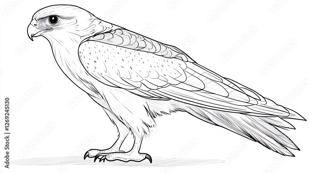 Obraz premium Monochrome drawing of a falcon in profile view. Possible use for coloring books or educational materials