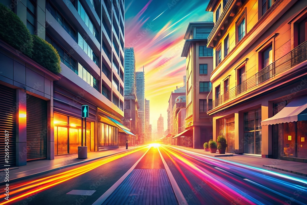 Sunny City Street: Modern Architecture & Shops, Long Exposure Photography Sunny City Street: Modern Architecture & Shops, Long Exposure Photography