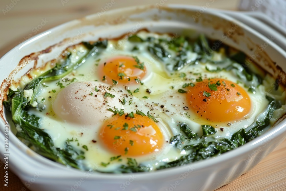 Few baked eggs over spinach in ceramic dish. Artificial intelligence image Few baked eggs over spinach in ceramic dish. Artificial intelligence image