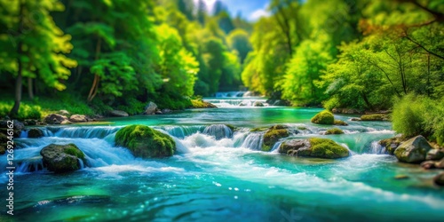 Tilt-shift photography transforms a forest scene into a miniature world with rushing cyan rapids.