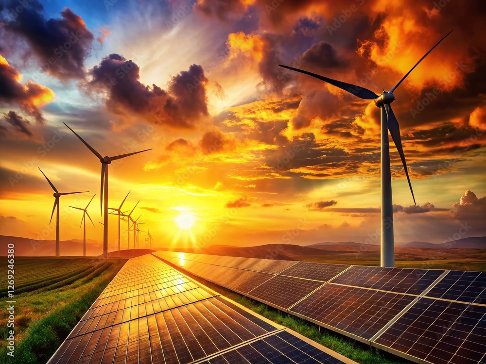 Sunset Landscape: Sustainable Energy - Solar Panels & Wind Turbines