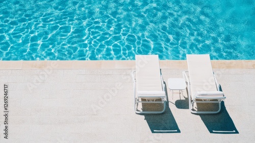 Beautiful shot of three sun loungers near the pool