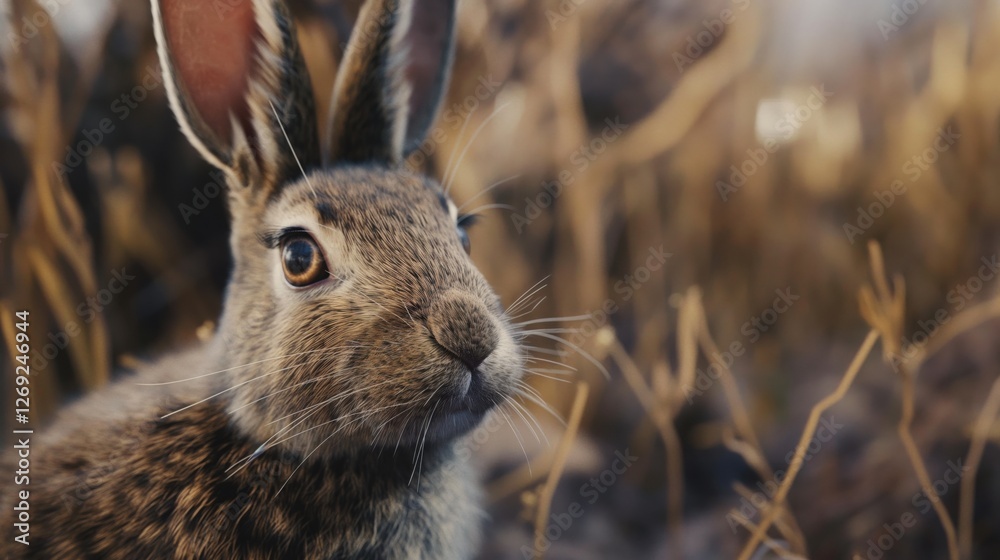Fototapeta premium Rabbit with curious expression, calm mood, standing in a grassy field at dawn