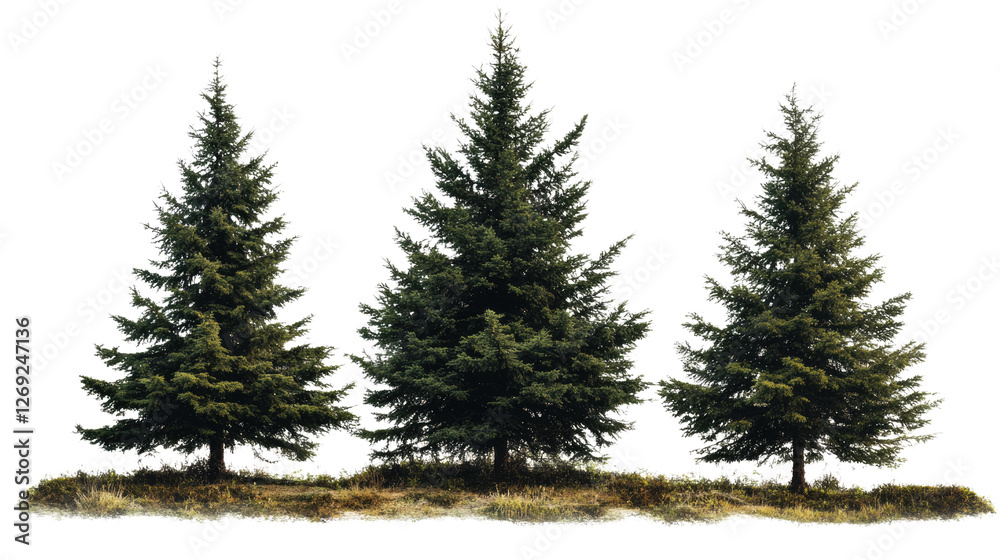 Fototapeta premium Evergreen Trio: Majestic evergreen trees, standing tall against the sky, represent resilience and enduring beauty. The image highlights the natural symmetry and texture of the needles.