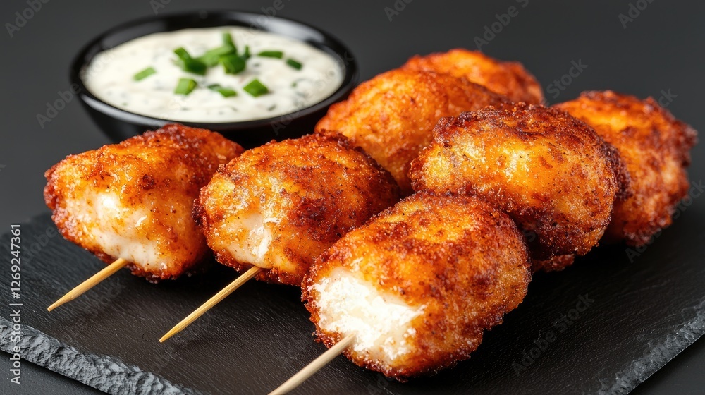 Crispy fried cheese bites on skewers, close-up, dark background Crispy fried cheese bites on skewers, close-up, dark background