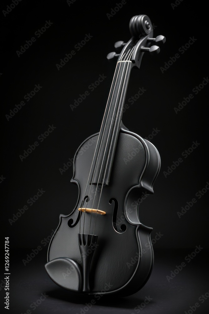 Naklejka premium Sleek black violin against a dark backdrop, showcasing its elegant design and musical artistry.