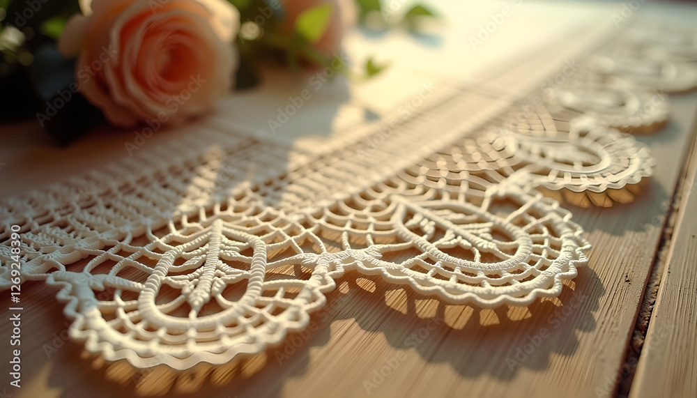 Obraz premium Vintage lace fabric with roses in warm sunlight