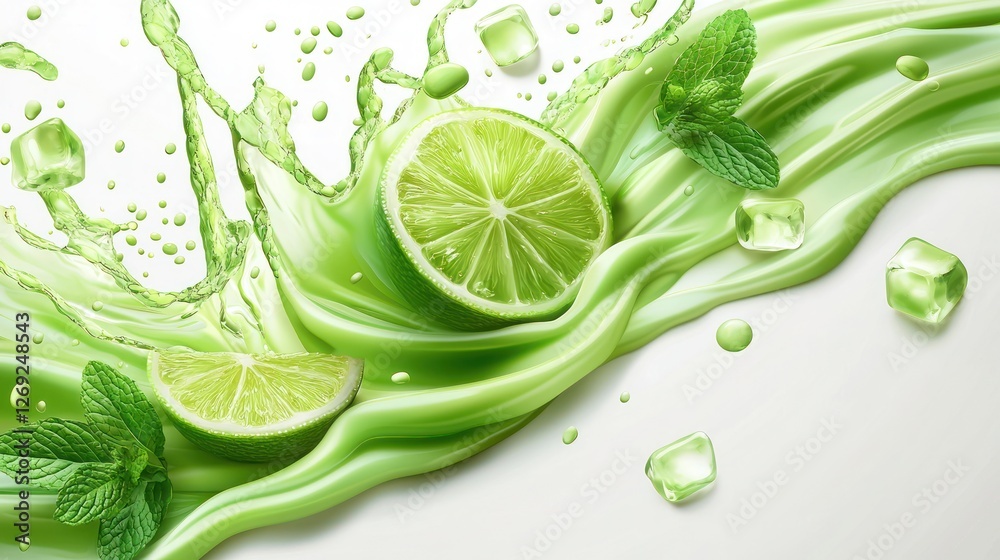 Obraz premium Realistic 3D Lime Slice and Juice Splash