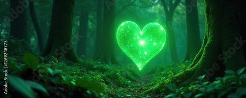 Emerald shining heart glows with an otherworldly aura in a mystical forest, emerald, forest