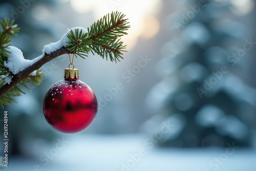 Empty Christmas bauble hanging from a bare tree branch against a snowy backdrop, evergreen, snow