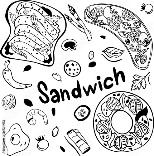Sandwiches set. Vector doodles illustration. Toast, sandwich, bagel with vegetables, ham and seafood. Isolated on a while background. 