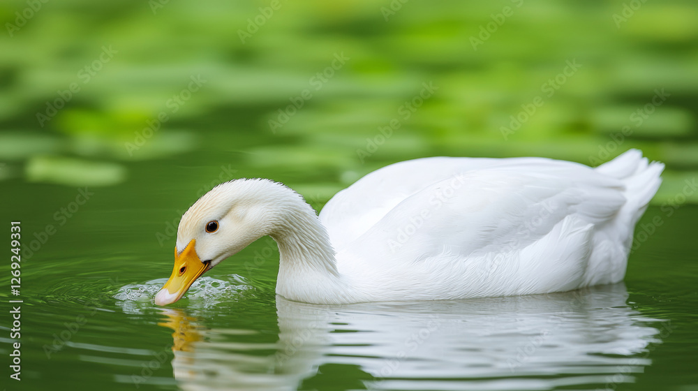 white duck with golden beak gently sips water from serene pond surrounded by lush green lily pads white duck with golden beak gently sips water from serene pond surrounded by lush green lily pads