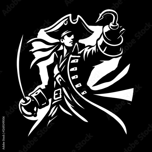 Bold pirate captain with hook and sword in black and white