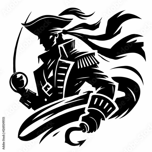 Tribal pirate with hook and sword in black and white