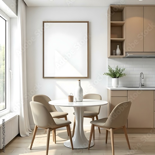 Interior of a kitchen with a blank frame on the wall, a round table with four chairs, and a window with white curtains