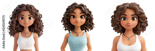 Set of A cheerful 3D cartoon girl with bouncy curly hair, wearing a bright yellow sundress on transparent png background. Ai generated