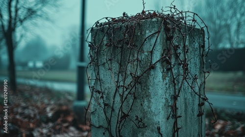 Autumn vines on post, foggy road, leaf litter