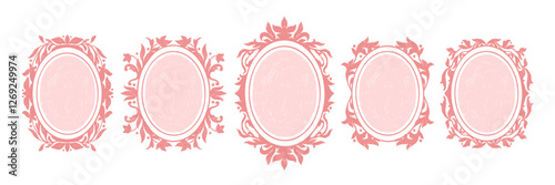 Vintage floral frame set, vector hand drawn crayon texture vintage border antique Barocco swirl. Victorian label classic wedding invitation print decorative elegant romantic oval. Ornate vintage frame