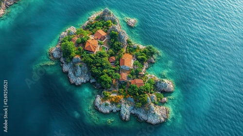Aerial view Island houses, turquoise sea, rocky coast, summer vacation