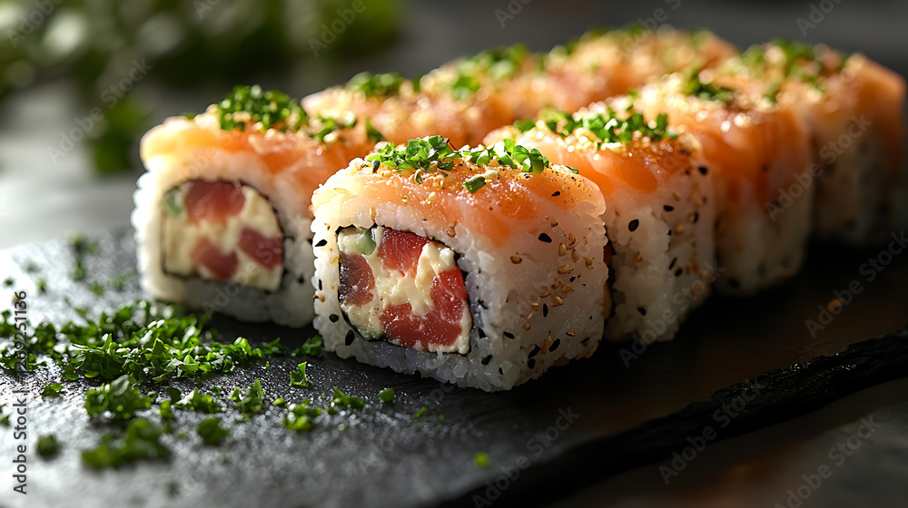Close-up of gourmet sushi rolls with fresh salmon, prosciutto, and cheese, garnished with parsley on a black slate surface. Elegant Japanese cuisine and fine dining concept.