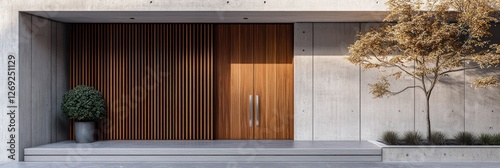 Modern home entrance with wood and concrete design