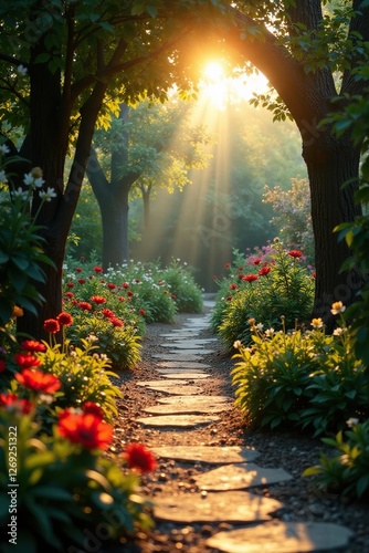 Early morning light illuminating a Mexican garden, serene, natural, peaceful