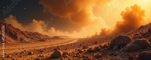 Dusty landscape with ash particles falling on earth, fallout debris, dirt