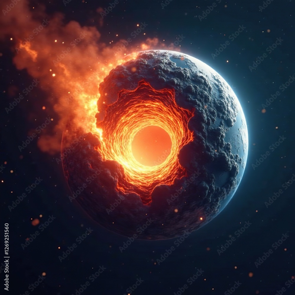 Obraz premium Earth's atmosphere is torn apart revealing a fiery core as an asteroid strikes, apocalyptic, comet impact