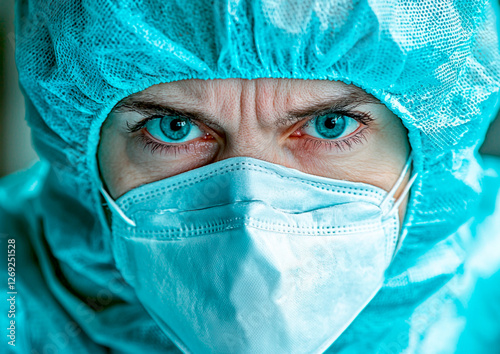 Portrait of a doctor, physician, infectious disease specialist in a mask. An alarming close-up.