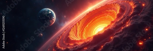 Earth's atmosphere is torn apart revealing a fiery core as an asteroid strikes, comet impact, fiery core