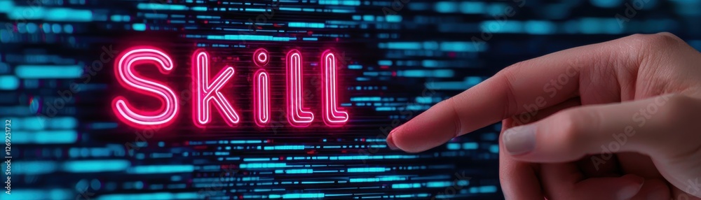 Neon Text Display on Digital Background Emphasizing Skill with a Human Finger Touching the Word Neon Text Display on Digital Background Emphasizing Skill with a Human Finger Touching the Word