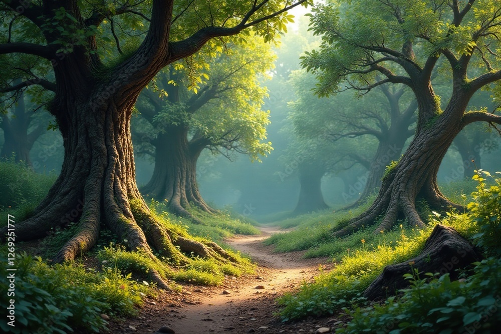 Naklejka premium Earthy landscape features tree stumps weathered branches trees overgrown, stumps, trees,