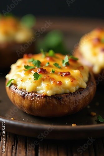 Earthy flavor of baked champignons with Georgian sulunguni cheese, baked, earthy, sulunguni