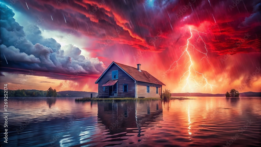 Fototapeta premium Surreal Double Exposure: House Submerged in Crimson Rain - Apocalyptic Landscape Stock Photo