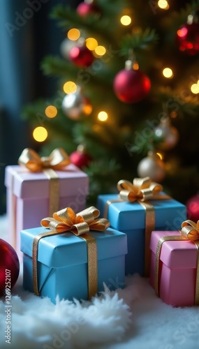 Elegant blue and pink Christmas presents wrapped with gold ribbons under a decorated tree with warm lights glowing softly, warm lights, tree, christmas