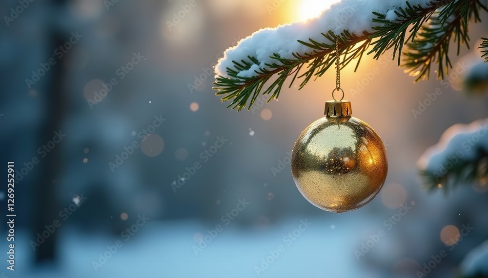Elegant golden decoration suspended from a branch with silver accents, winter, gold, tree Elegant golden decoration suspended from a branch with silver accents, winter, gold, tree