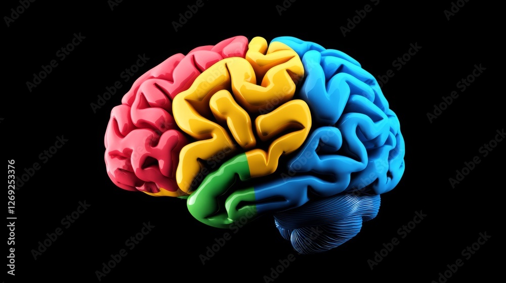 An Al generated illustration of colorful brain isolated on a black background An Al generated illustration of colorful brain isolated on a black background