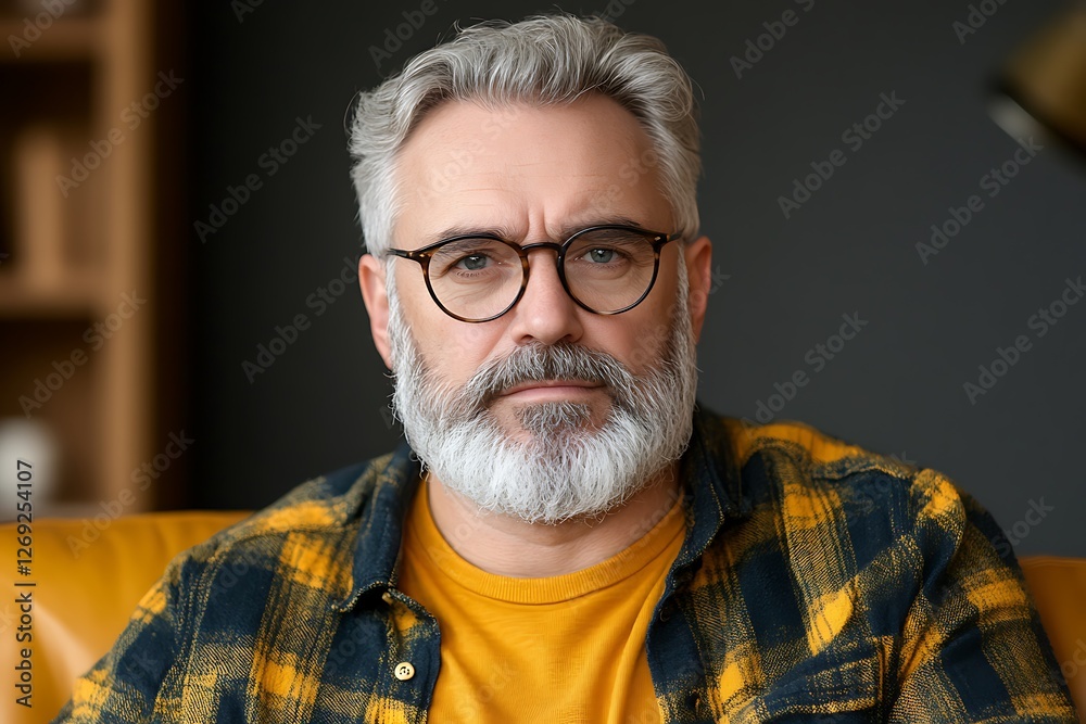 Obraz premium Close-up character study confident middle-aged man in modern indoor lifestyle