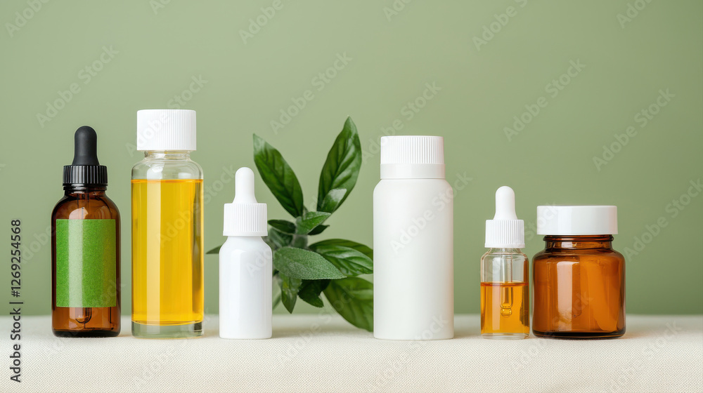 A collection of various essential oil bottles arranged on a neutral background with green foliage, emphasizing natural beauty and wellness. A collection of various essential oil bottles arranged on a neutral background with green foliage, emphasizing natural beauty and wellness.