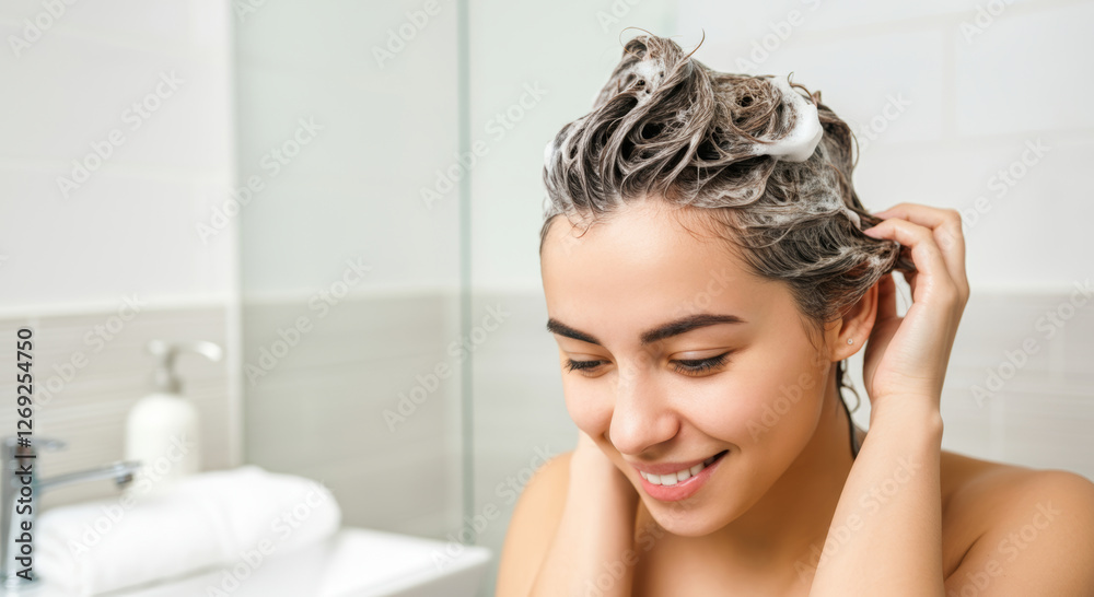 Naklejka premium Young woman smiling while washing hair with shampoo in modern bathroom