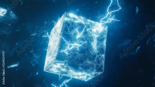 Mystical cube with energy crackling across its surface against a dark background