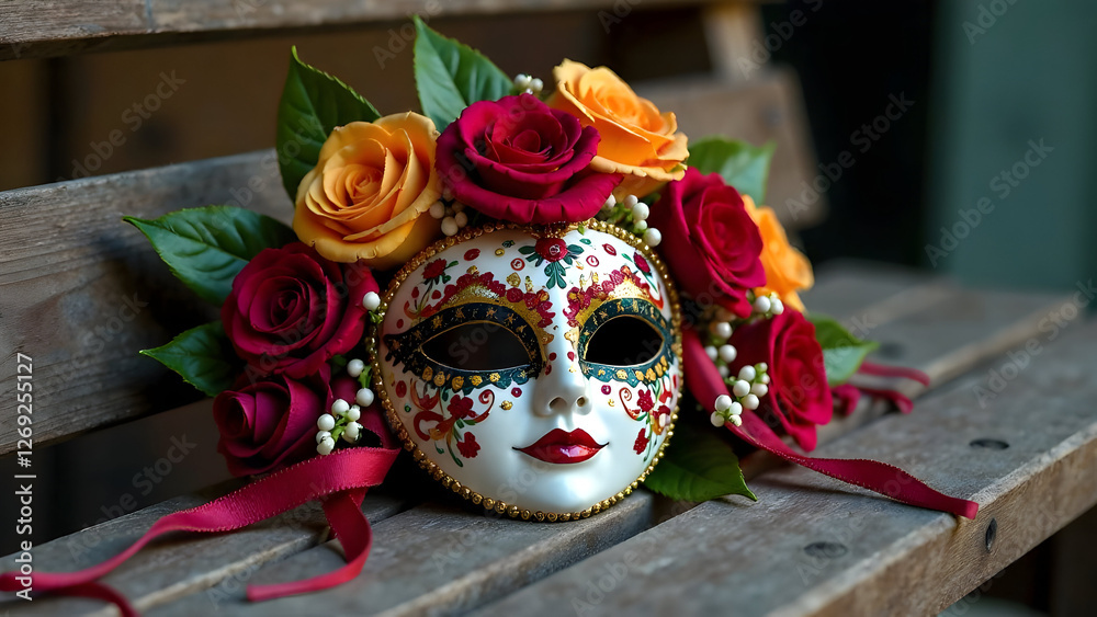 Fototapeta premium A beautifully decorated Venetian-style mask adorned with roses and golden details. Perfect for masquerade parties, artistic photography, and cultural celebrations. Selective focus