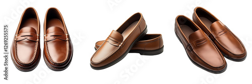 Wallpaper Mural Set of A close-up shot of a pair of classic brown leather loafers on a wooden floor, with a toddler’s tiny feet slipping into them on transparent png background. Ai generated Torontodigital.ca