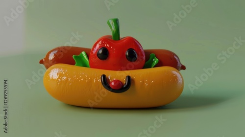 A playful cartoon-style hot dog with a smiling face, featuring a red pepper and lettuce, set against a soft green background