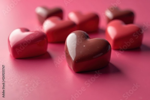 Heart-shaped chocolate candies, glossy surface, love, gourmet